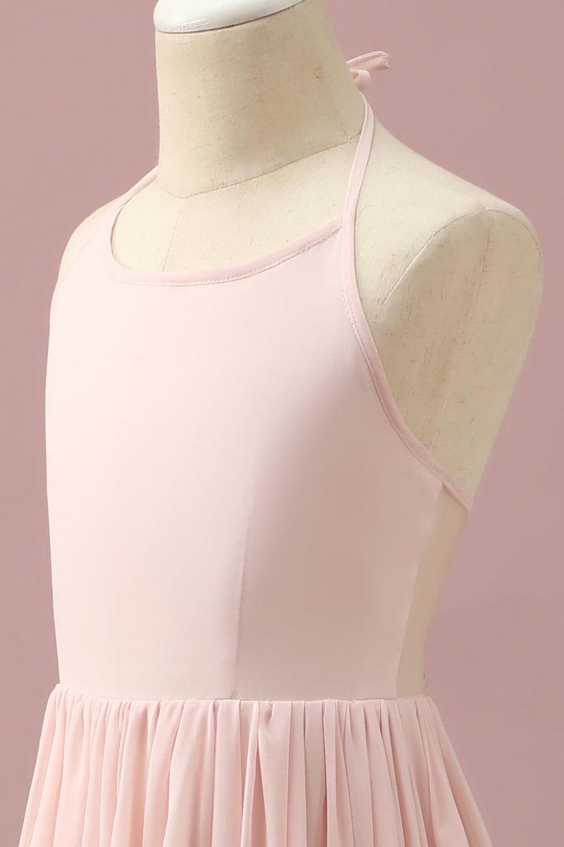 Load image into Gallery viewer, Light Pink Chiffon Halter High Low Junior Bridesmaid Dress