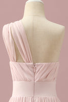Load image into Gallery viewer, Light Pink Chiffon One Shoulder Junior Bridesmaid Dress