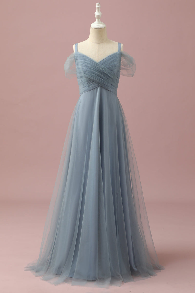 Load image into Gallery viewer, Grey Blue Cold Shoulder Tulle Junior Bridesmaid Dress