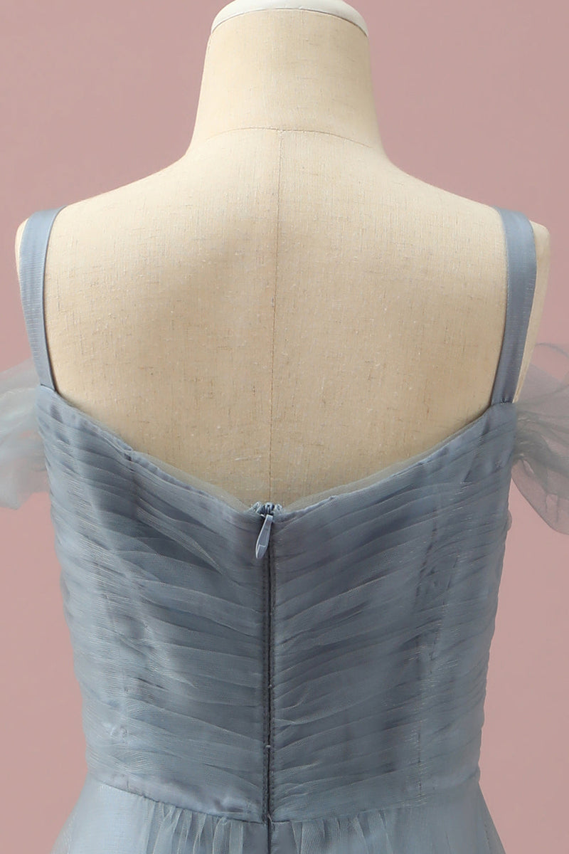 Load image into Gallery viewer, Grey Blue Cold Shoulder Tulle Junior Bridesmaid Dress