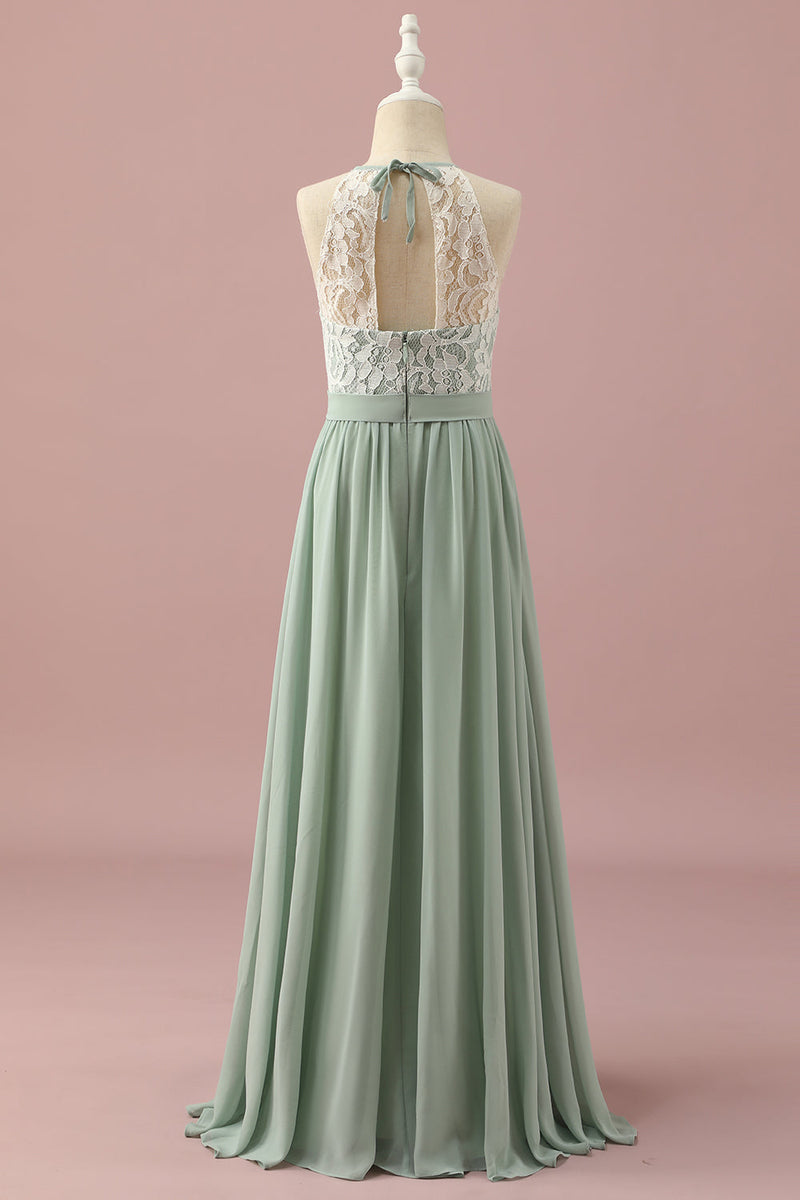 Load image into Gallery viewer, Green Lace and Chiffon Halter Junior Bridesmaid Dress