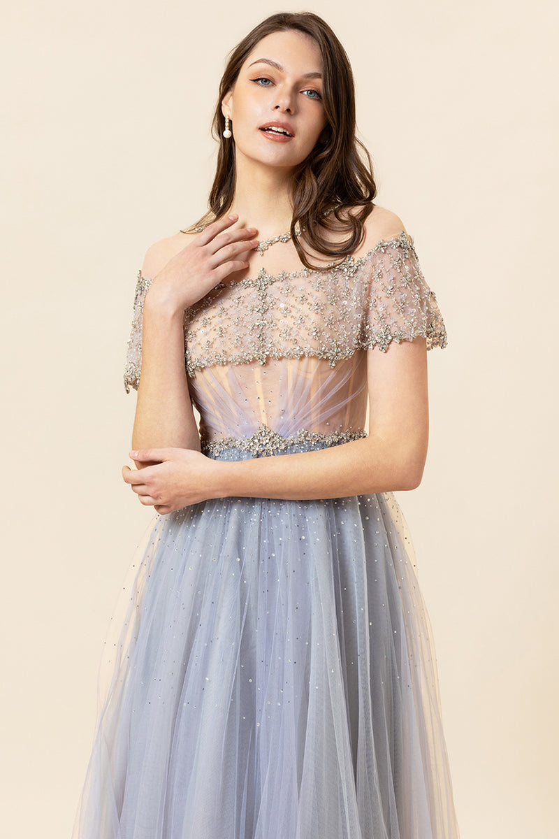 Load image into Gallery viewer, Sparkly Grey Beaded Long Tulle Prom Dress