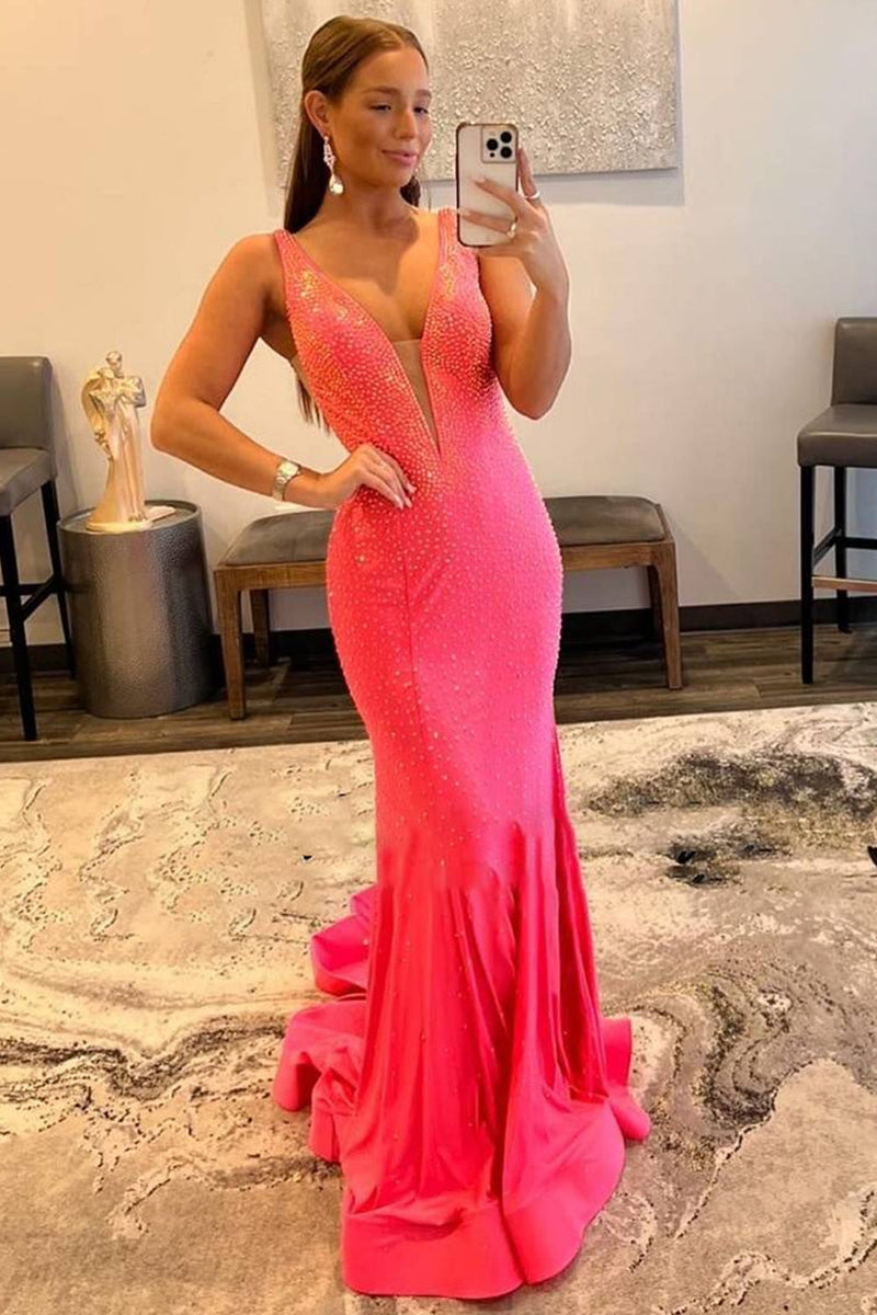 Load image into Gallery viewer, Mermaid Deep V Neck Royal Blue Long Formal Dress with Beading