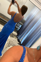 Load image into Gallery viewer, Mermaid Deep V Neck Royal Blue Long Formal Dress with Beading