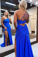 Load image into Gallery viewer, Sheath One Shoulder Royal Blue Long Formal Dress with Beading