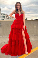 Load image into Gallery viewer, Red Tulle Spaghetti Straps Long Formal Dress