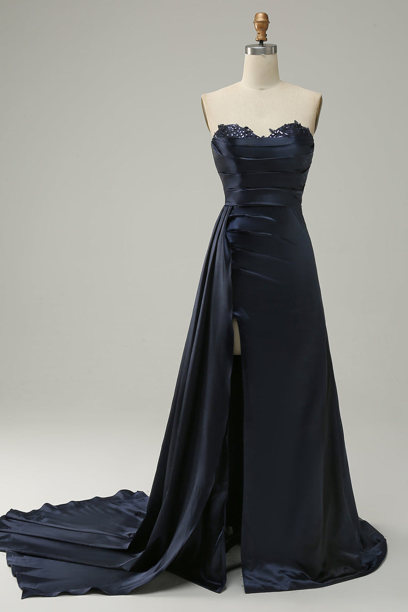 Load image into Gallery viewer, A Line Sweethaert Navy Blue Long Formal Dress with Split Front