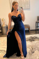 Load image into Gallery viewer, A Line Sweethaert Navy Blue Long Formal Dress with Split Front