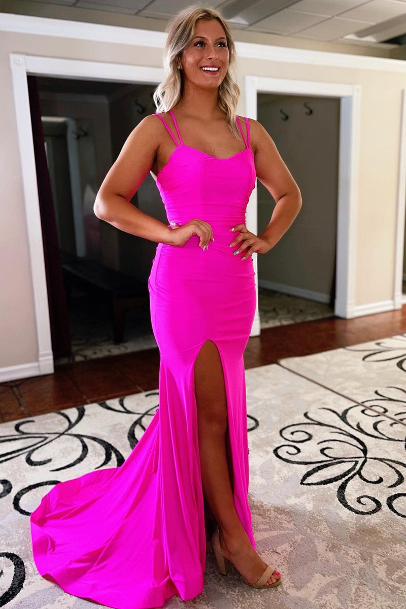 Load image into Gallery viewer, Blue Lace Up Formal Dress With Slit