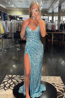 Load image into Gallery viewer, Light Blue Lace-Up Back Sequins Formal Dress with Slit