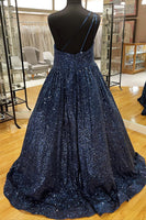 Load image into Gallery viewer, Blue One Shoulder A Line Sequins Formal Dress