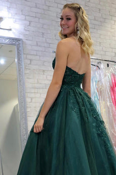 Dark Green Tulle A Line Formal Dress with Appliques