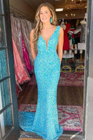 Load image into Gallery viewer, Blue Mermaid Sequin Formal Dress with V-Neck
