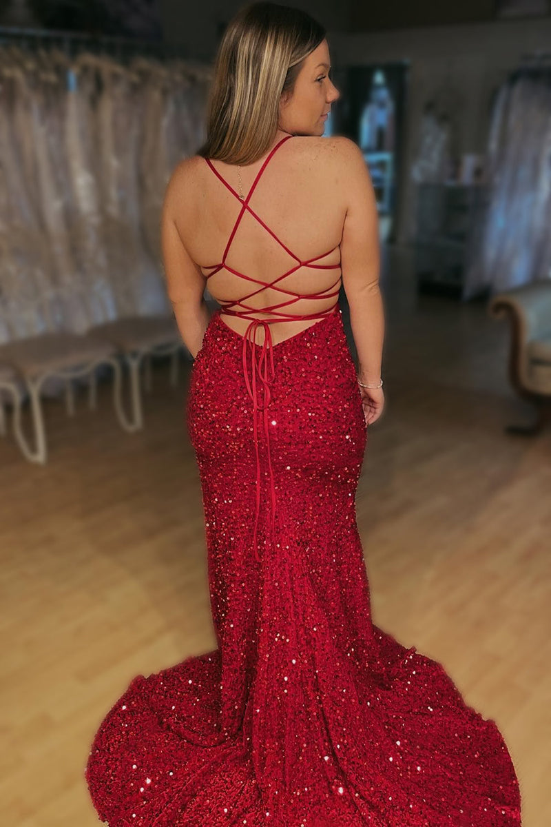 Mermaid Sequins Burgundy Long Ball Dress with Slit main image 1