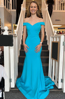 Load image into Gallery viewer, Simple Blue Mermaid Off the Shoulder Open Back Long Formal Dress