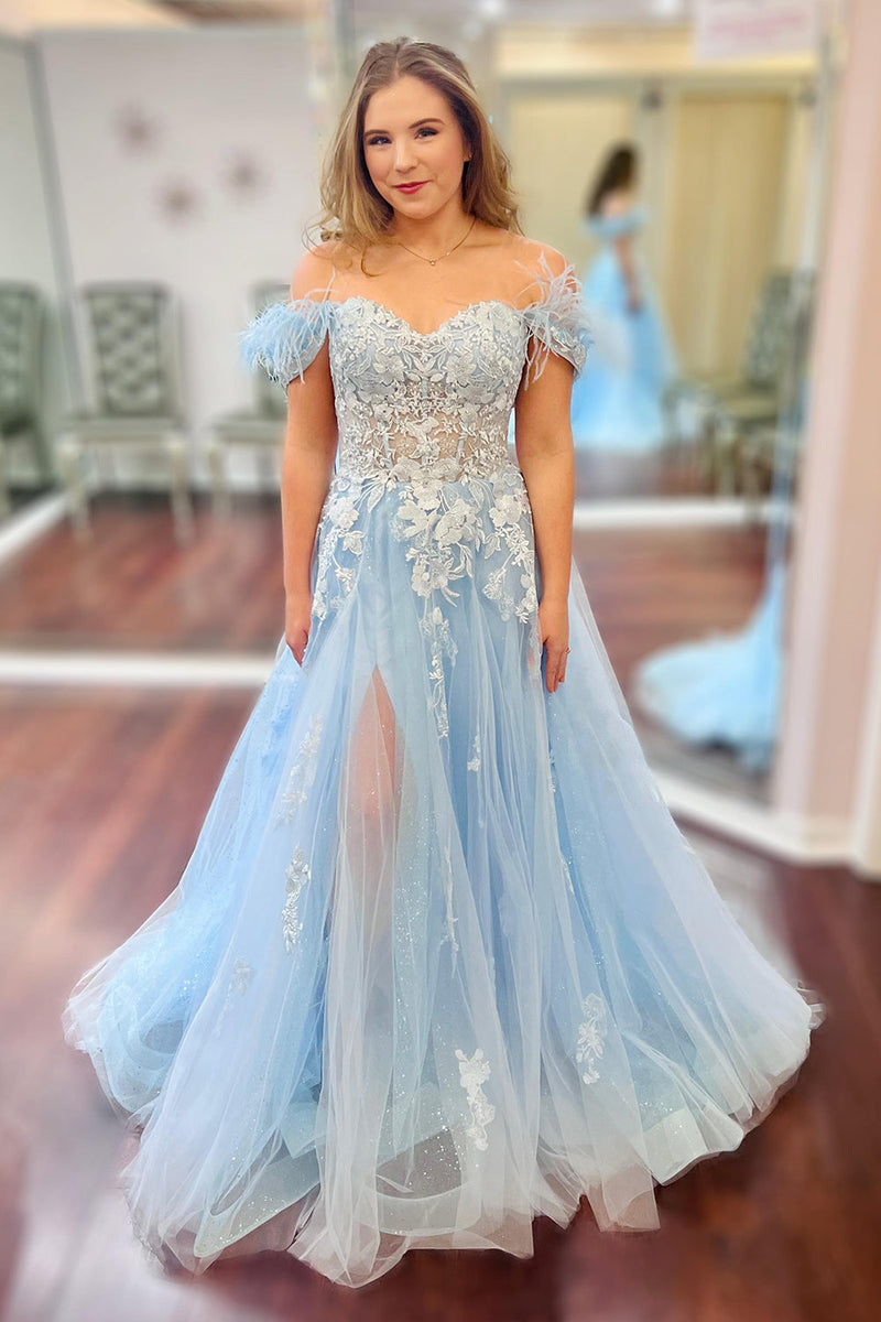 Load image into Gallery viewer, Glitter Off The Shoulder Light Blue Corset Formal Dress with Appliques