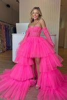 Load image into Gallery viewer, Purple High Low Detachable Sleeves Corset Formal Dress with Lace