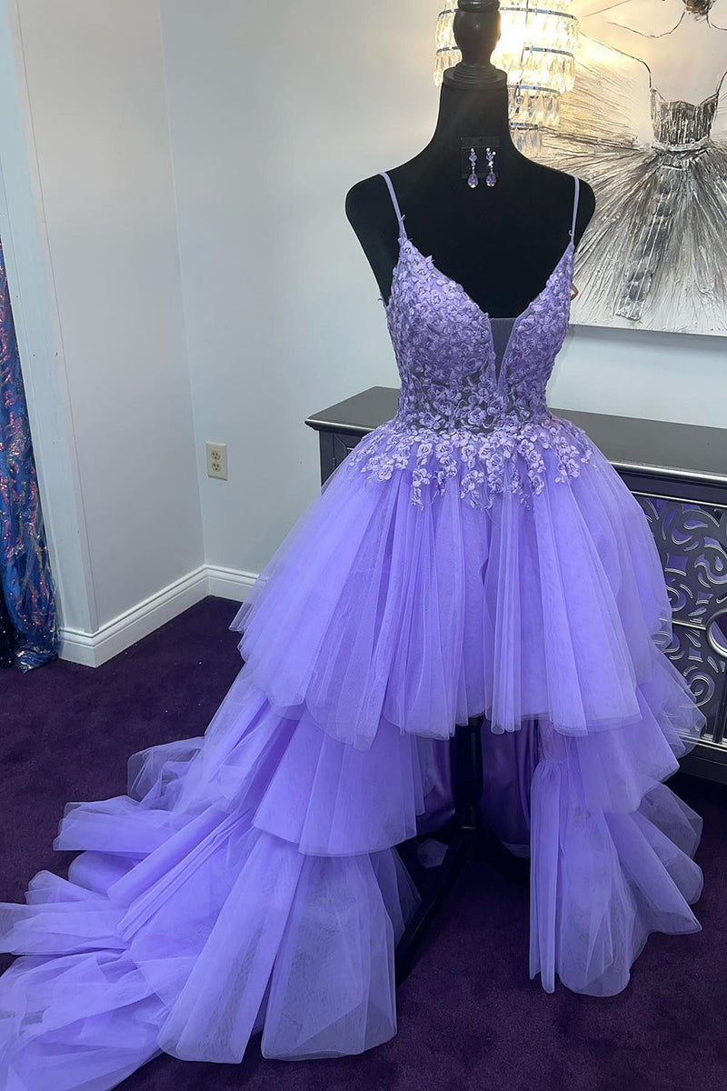 Load image into Gallery viewer, Purple High Low Tiered Formal Dress with Lace