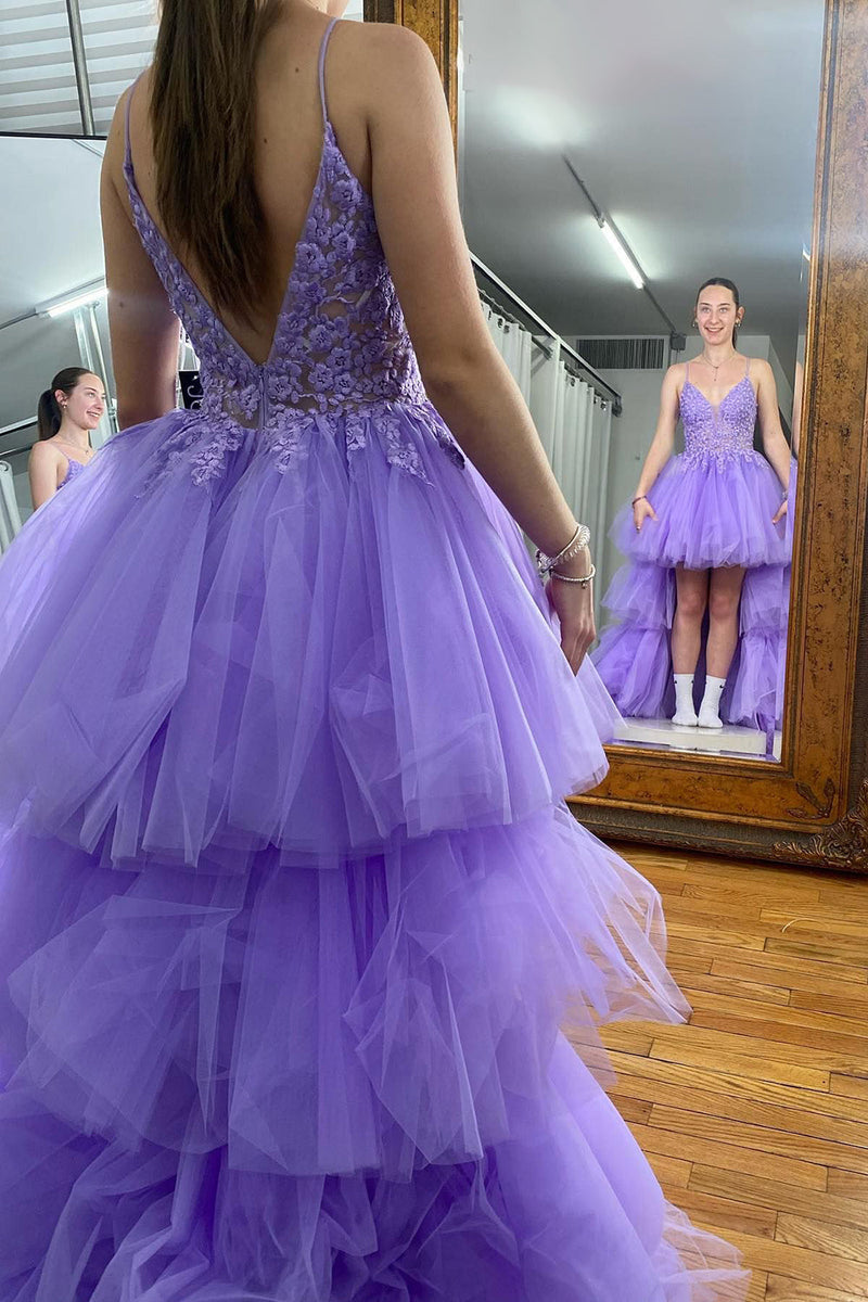 Load image into Gallery viewer, Purple High Low Tiered Formal Dress with Lace