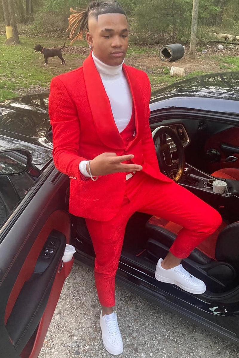Mens Lace Prom Tuxedo Package in Red & Black w/ Matching Pants and Bowtie main image 0
