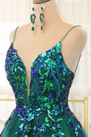 Load image into Gallery viewer, Sparkly Dark Green A Line Tulle Long Formal Dress With Sequined Appliques