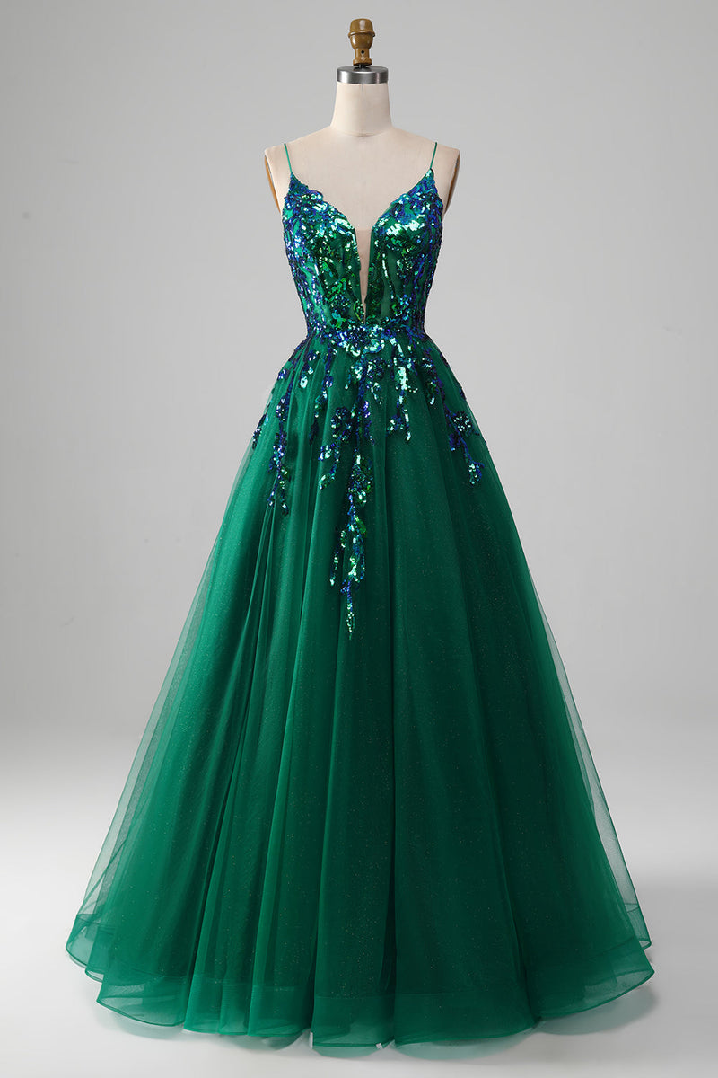 Load image into Gallery viewer, Tulle Spaghetti Straps Dark Green Formal Dress with Sequins