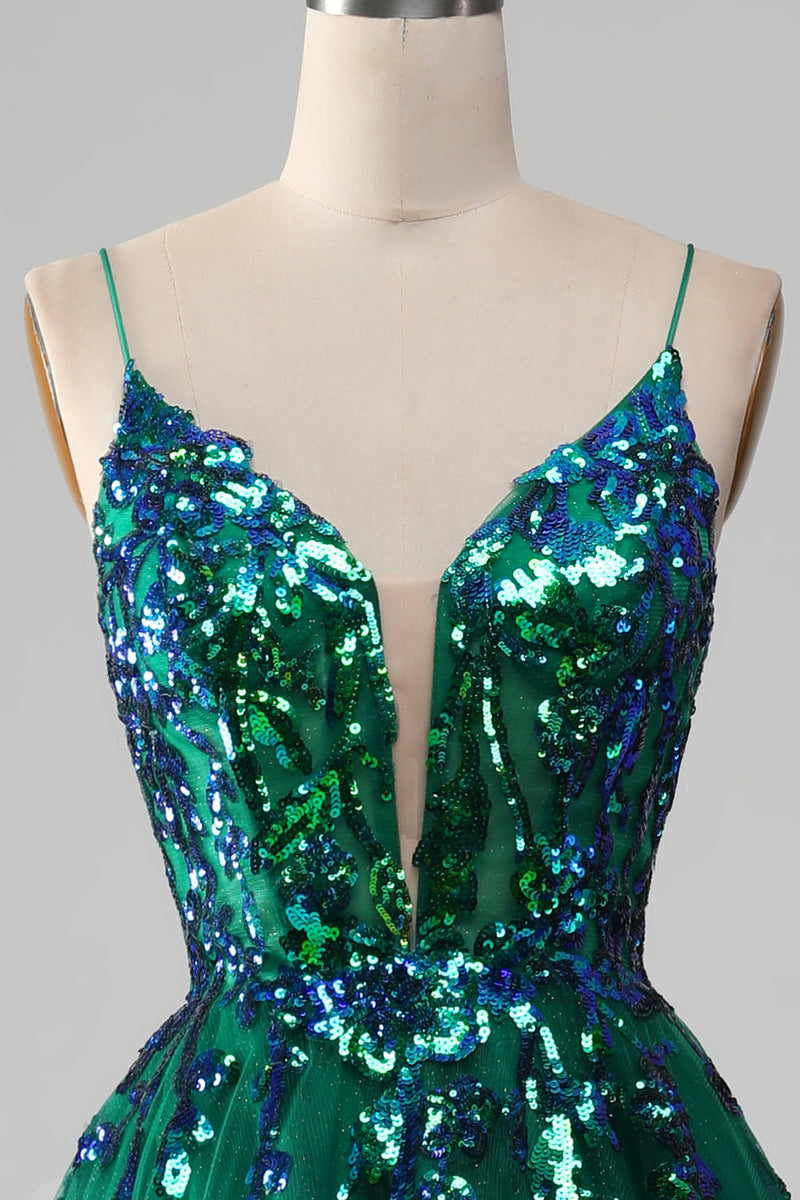Load image into Gallery viewer, Tulle Spaghetti Straps Dark Green Formal Dress with Sequins