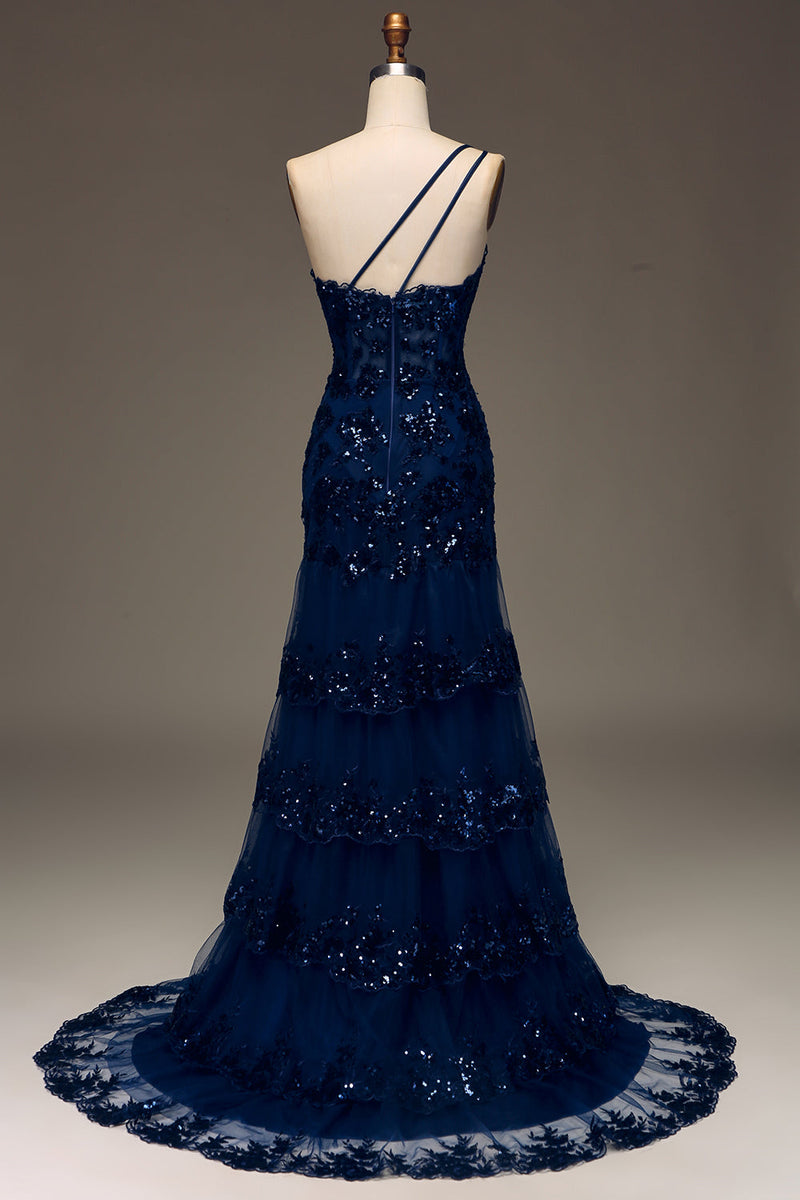 Elegant A-Line Off-the-shoulder Dress With Slit Dark Navy