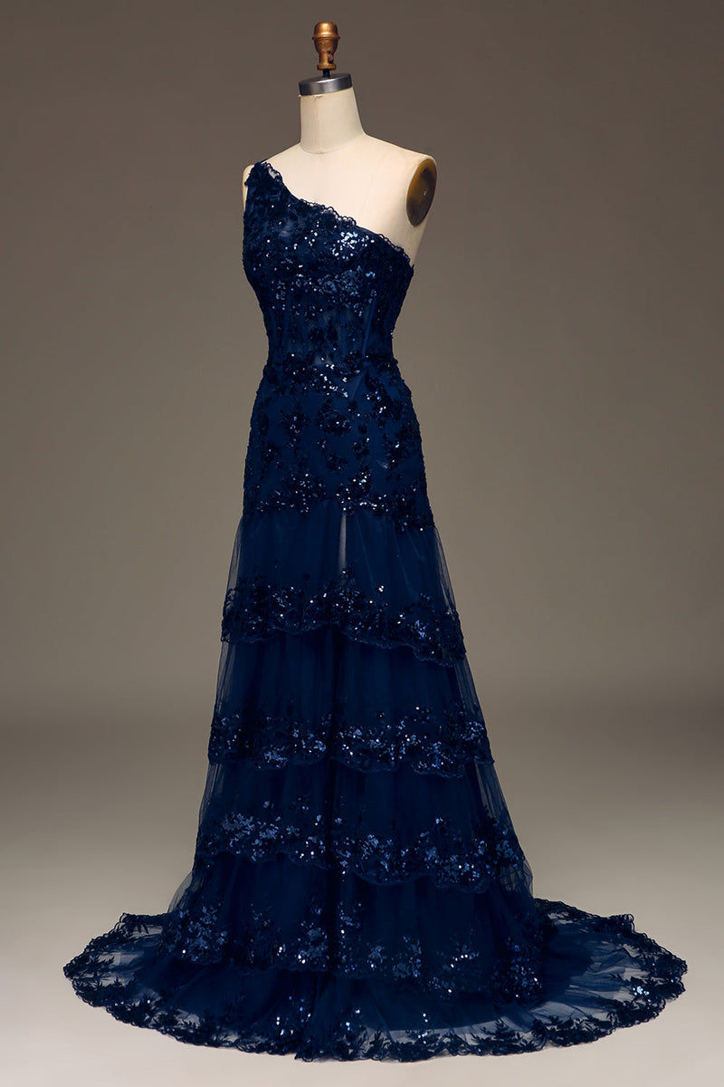 Queendancer Women Sparkly Dark Navy Tiered Formal Dress with Slit A
