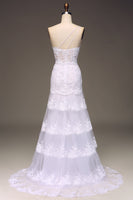 Load image into Gallery viewer, Sparkly Dark Navy Tiered Lace One Shoulder Long Formal Dress with Slit