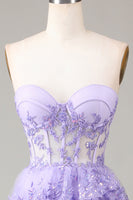 Load image into Gallery viewer, Lavender Strapless Tiered Tulle Corset Formal Dress with Appliques