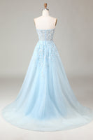 Load image into Gallery viewer, Corset Blue Strapless A Line Formal Dress with Slit