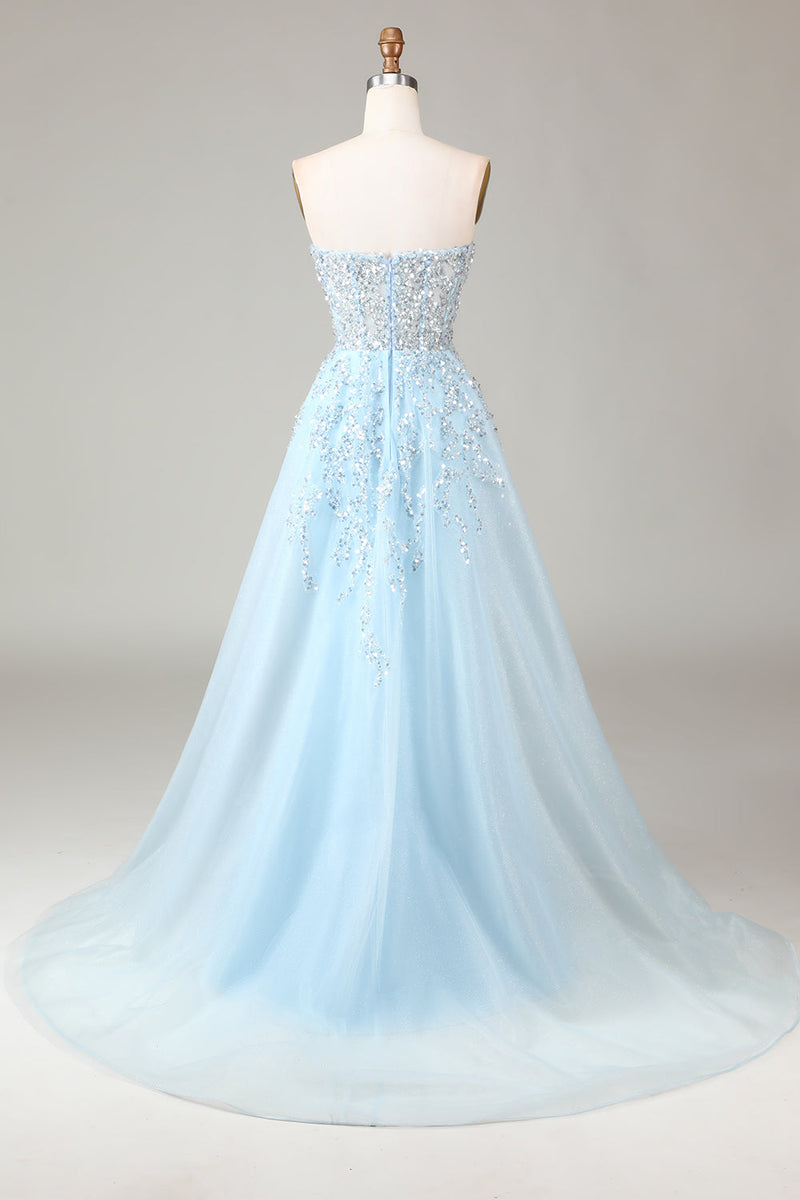 Load image into Gallery viewer, Corset Blue Strapless A Line Formal Dress with Slit
