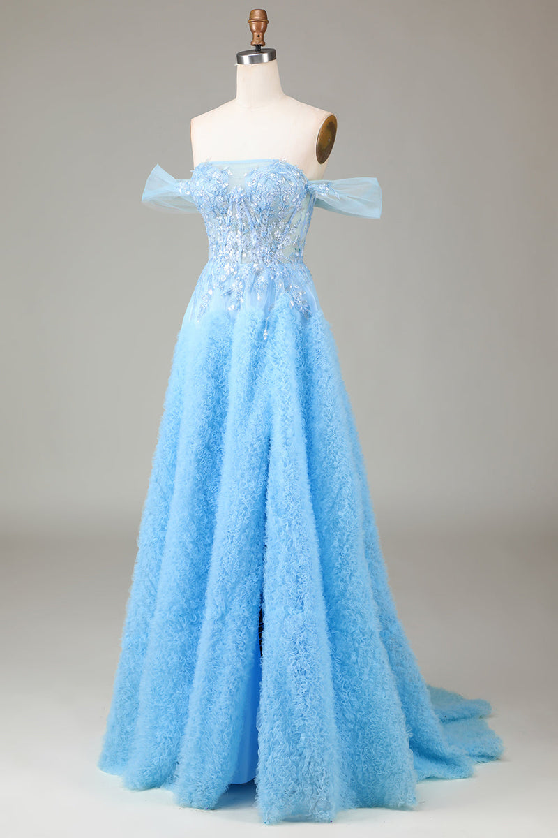 Load image into Gallery viewer, Off the Shoulder Blue A Line Princess Corset Formal Dress with Slit