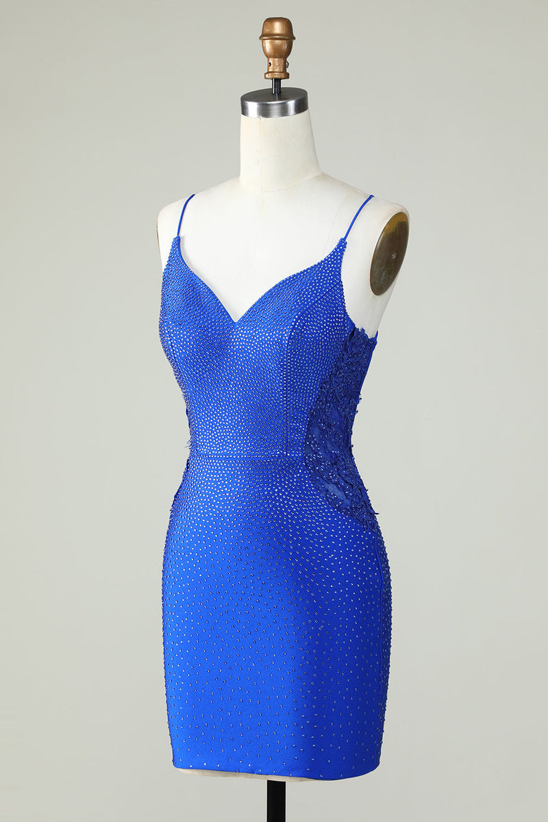 Load image into Gallery viewer, Sheath Spaghetti Straps Royal Blue Short Formal Dress with Beading
