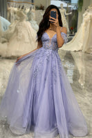 Load image into Gallery viewer, Lilac A Line Tulle Long Corset Appliqued Formal Dress