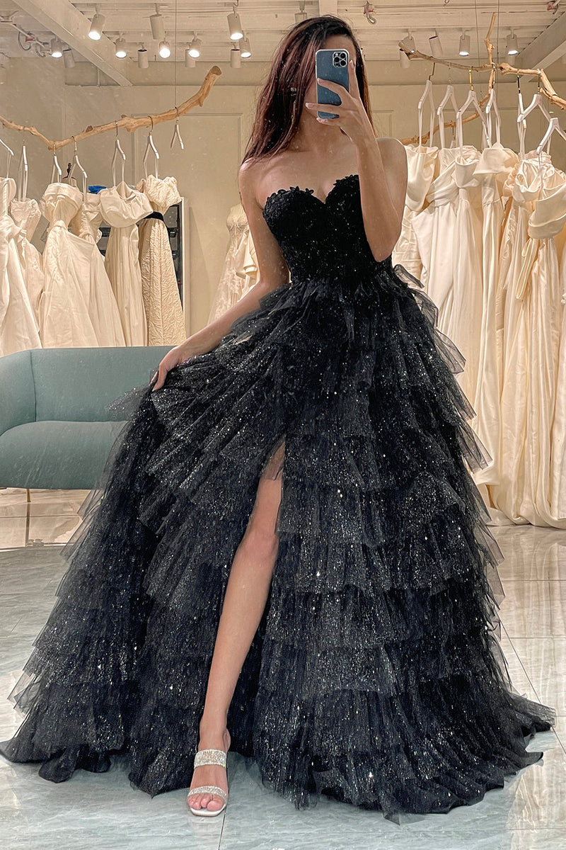 Load image into Gallery viewer, Glitter Black Long Corset Tiered Formal Dress With Slit