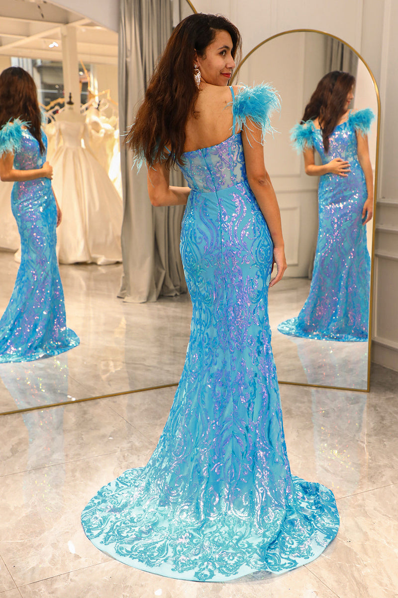 Load image into Gallery viewer, Shiny Light Blue Mermaid Long Formal Dress With Feather