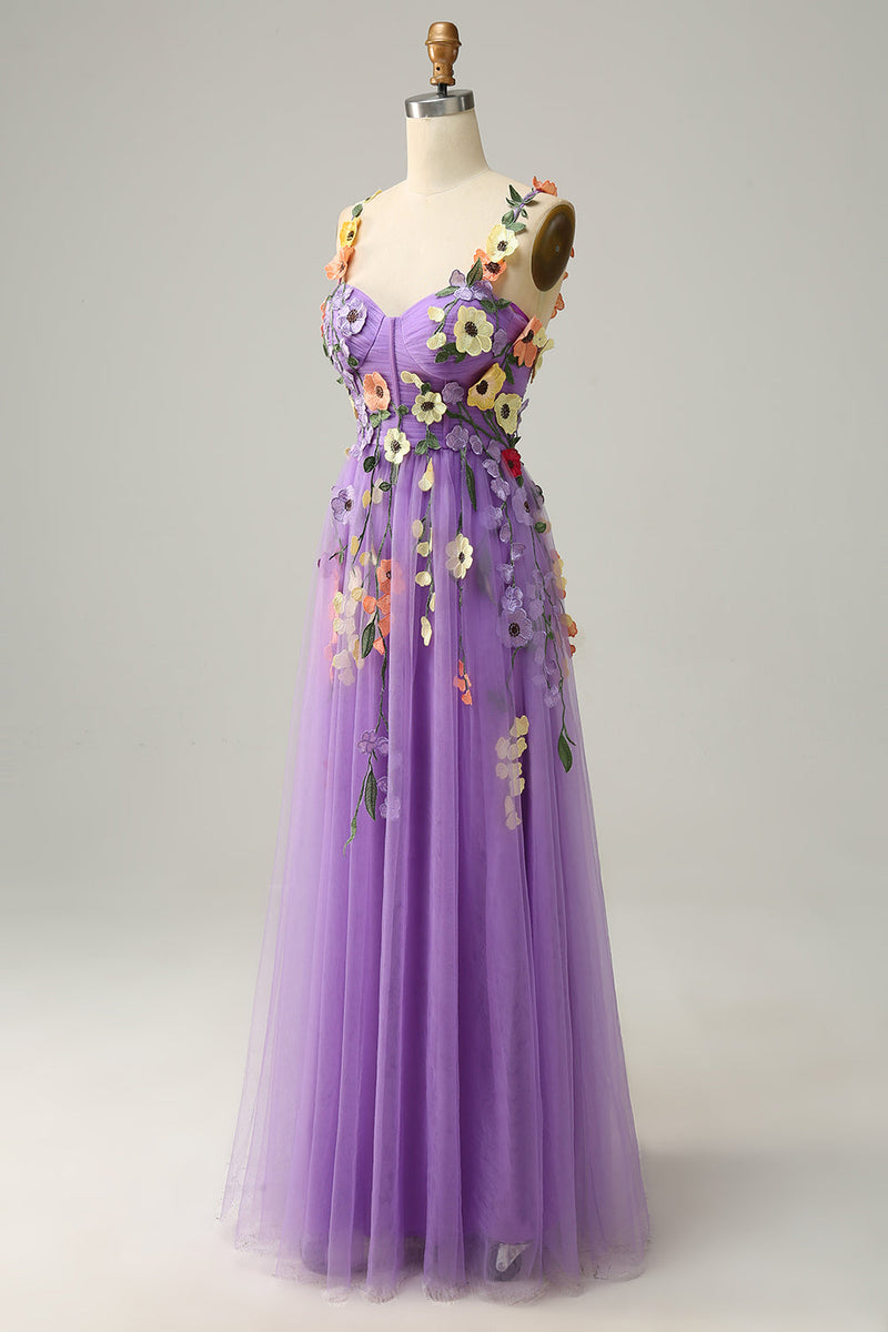 Load image into Gallery viewer, Dark Purple Spaghetti Straps Formal Dress With 3D Flowers