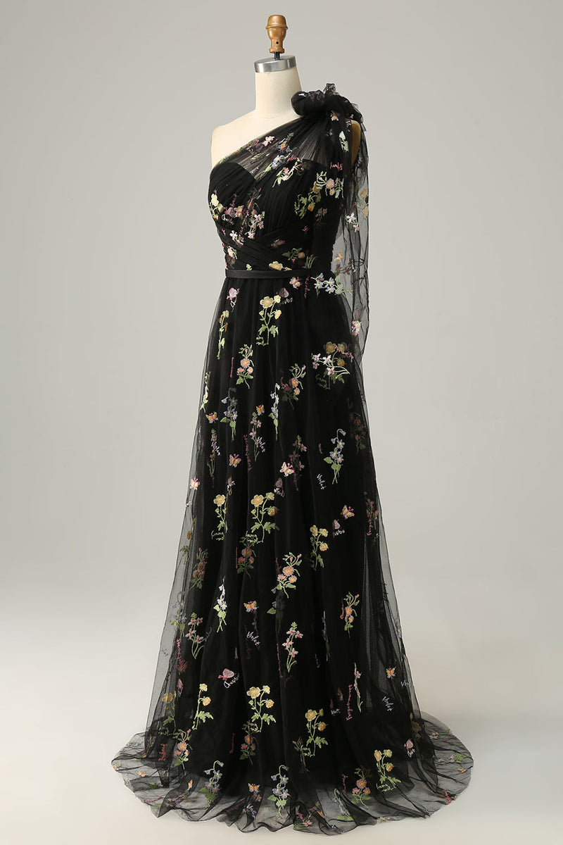 Load image into Gallery viewer, Tulle One Shoulder Green Long Formal Dress with Embroidery