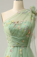 Load image into Gallery viewer, Tulle One Shoulder Black Long Formal Dress with Embroidery