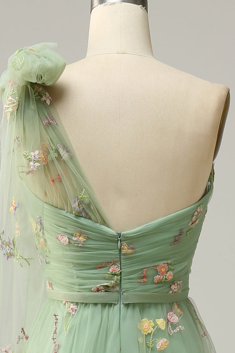 Load image into Gallery viewer, Tulle One Shoulder Green Long Formal Dress with Embroidery