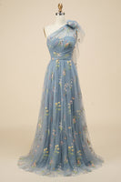 Load image into Gallery viewer, Tulle One Shoulder Green Long Formal Dress with Embroidery