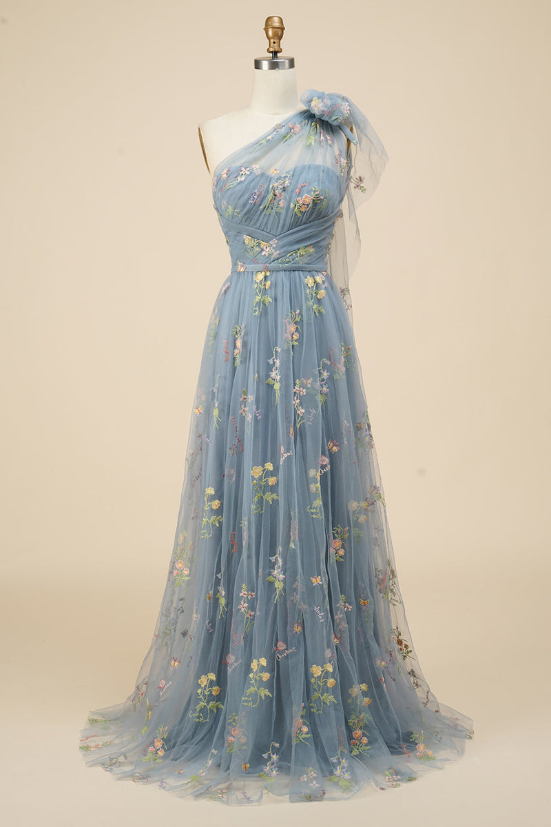 Load image into Gallery viewer, Tulle One Shoulder Green Long Formal Dress with Embroidery