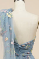 Load image into Gallery viewer, A-Line Grey Blue Long Formal Dress With Embroidery