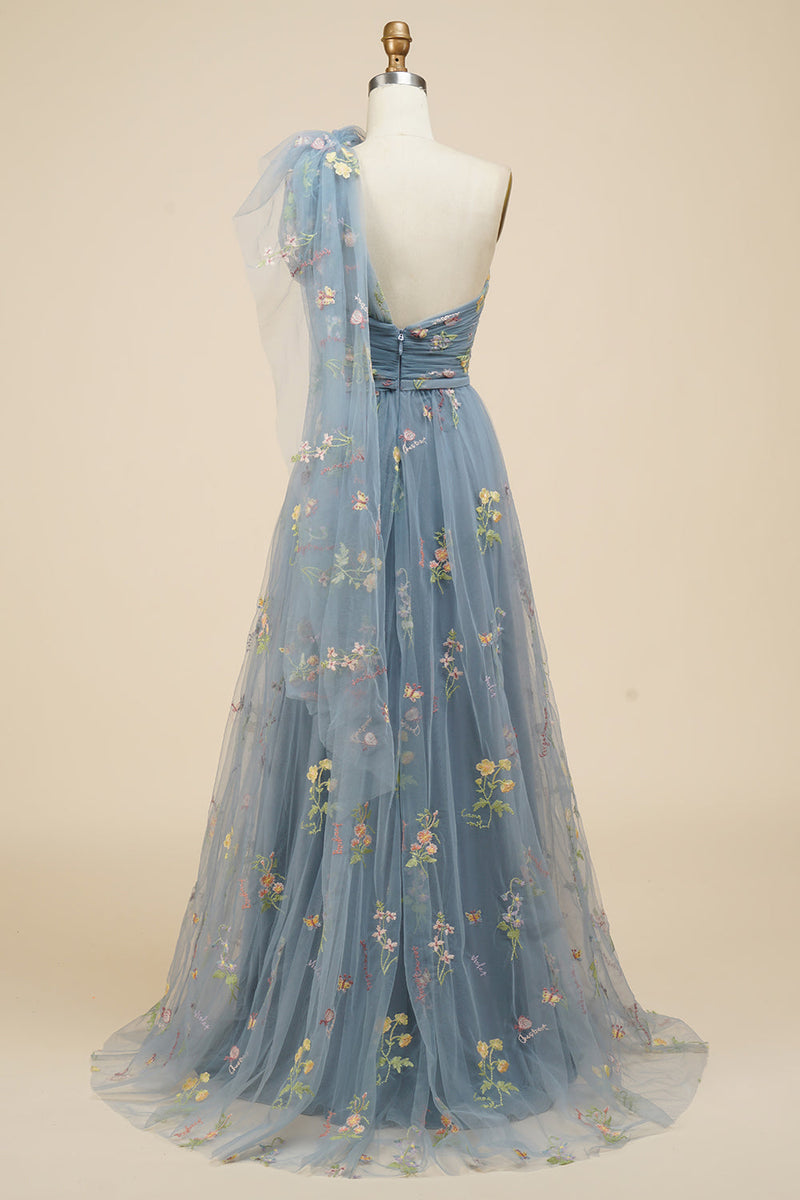 Load image into Gallery viewer, Tulle One Shoulder Green Long Formal Dress with Embroidery