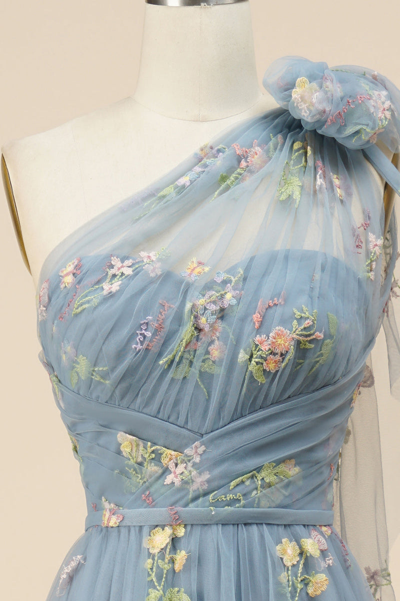Load image into Gallery viewer, A-Line Grey Blue Long Formal Dress With Embroidery