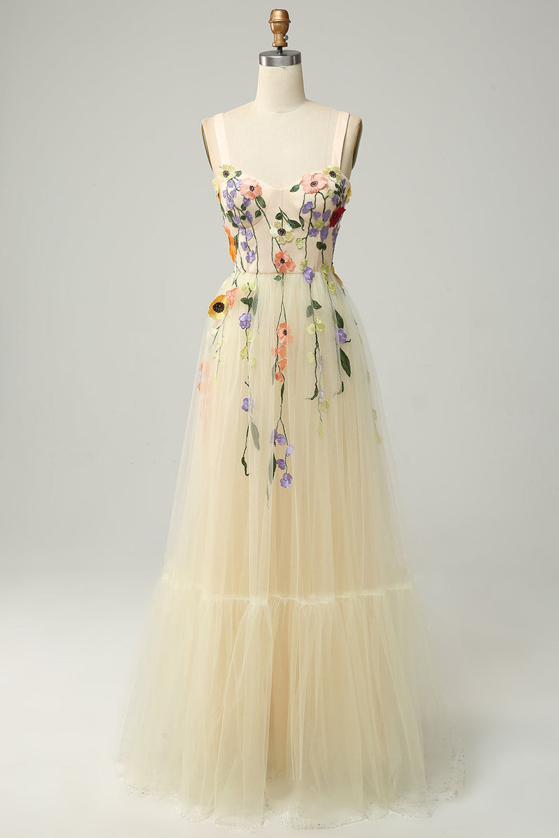 Load image into Gallery viewer, Champagne Spaghetti Straps Long Formal Dress With 3D Flowers