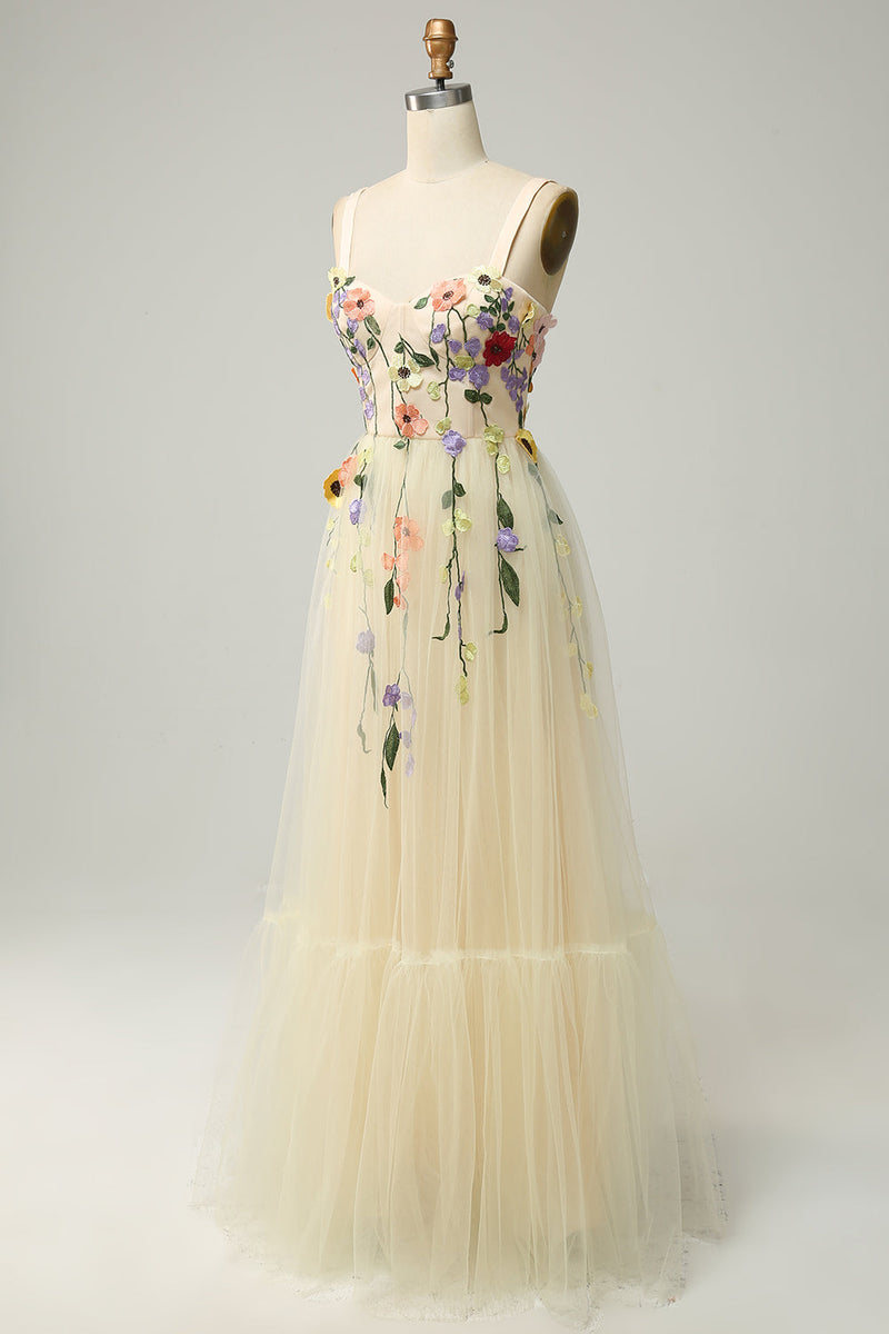 Load image into Gallery viewer, Champagne Spaghetti Straps Long Formal Dress With 3D Flowers