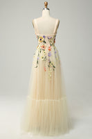 Load image into Gallery viewer, Champagne Spaghetti Straps Long Formal Dress With 3D Flowers